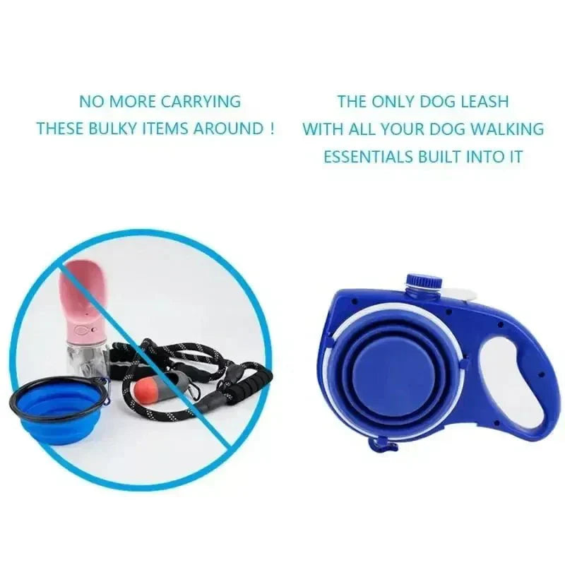 4-in-1 Retractable Dog Leash | Built-in Water Bottle, Food Bowl & Poop Bag Holder