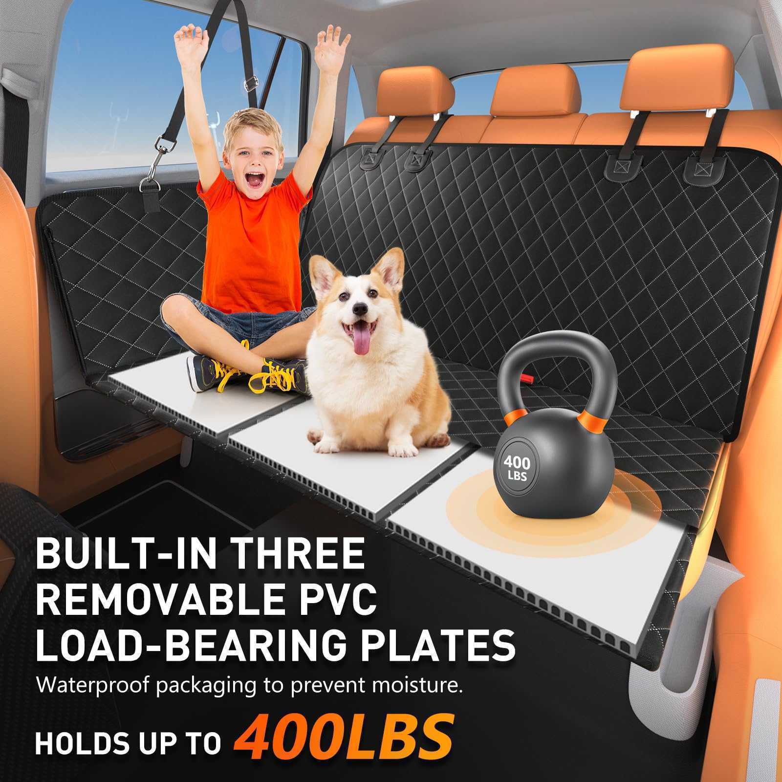 Dog Car Seat Cover - 3 Hard Panels, Waterproof, Backseat Extender, Large Dogs