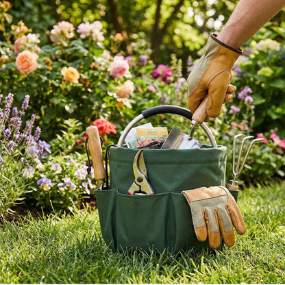 Foldable storage basket for gardening and camping